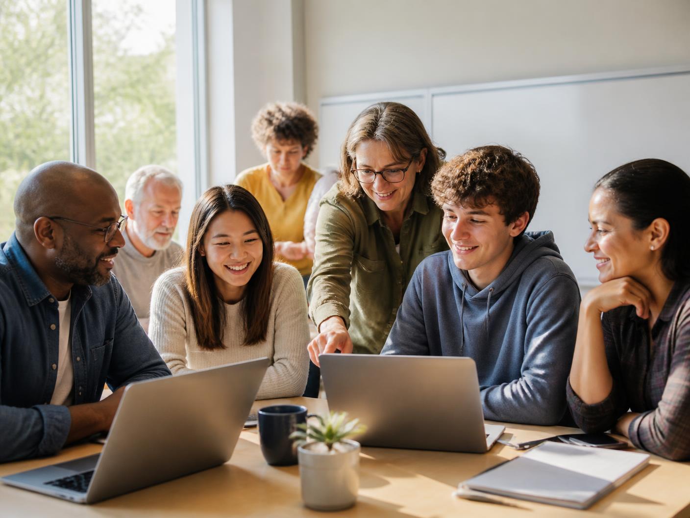 Adult learners and a teenage student around a sunlit table with laptops while an instructor points at a screen