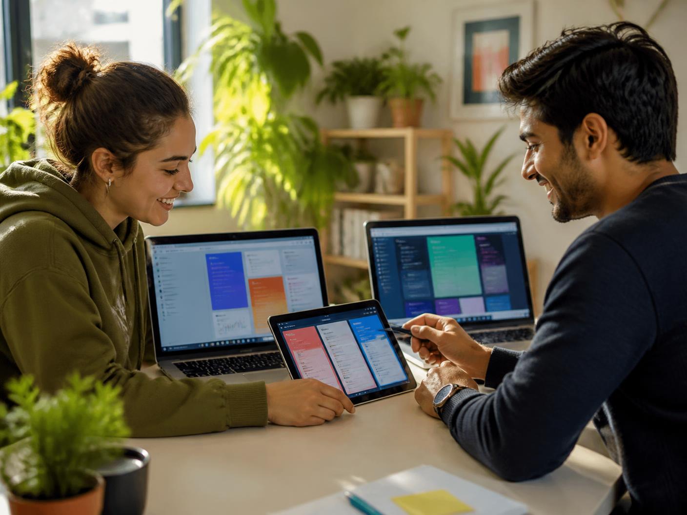 A student and a working professional comparing AI platforms across two laptops and a tablet on a bright desk