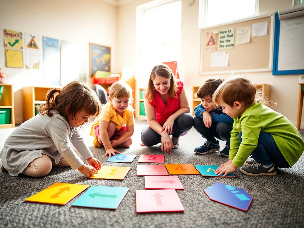 Young children sequencing colourful instruction cards on the floor