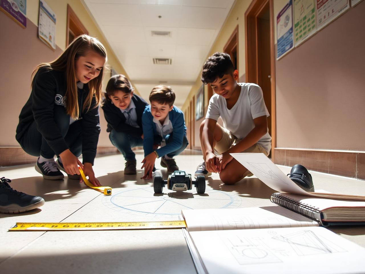 Students measuring a robot's path with a tape measure and protractor