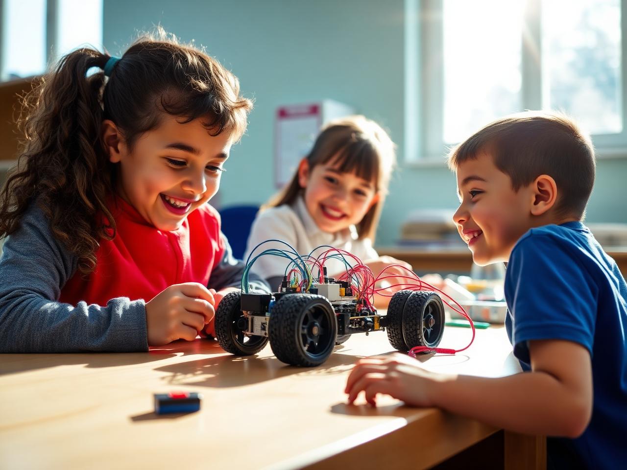 Children assembling a wheeled robot with motors and wiring on a school workbench