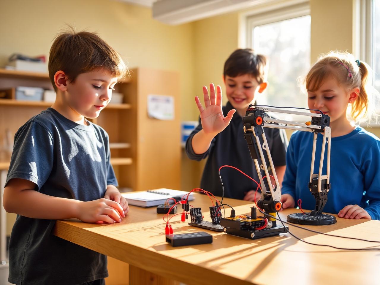 Children triggering a servo arm with an ultrasonic sensor